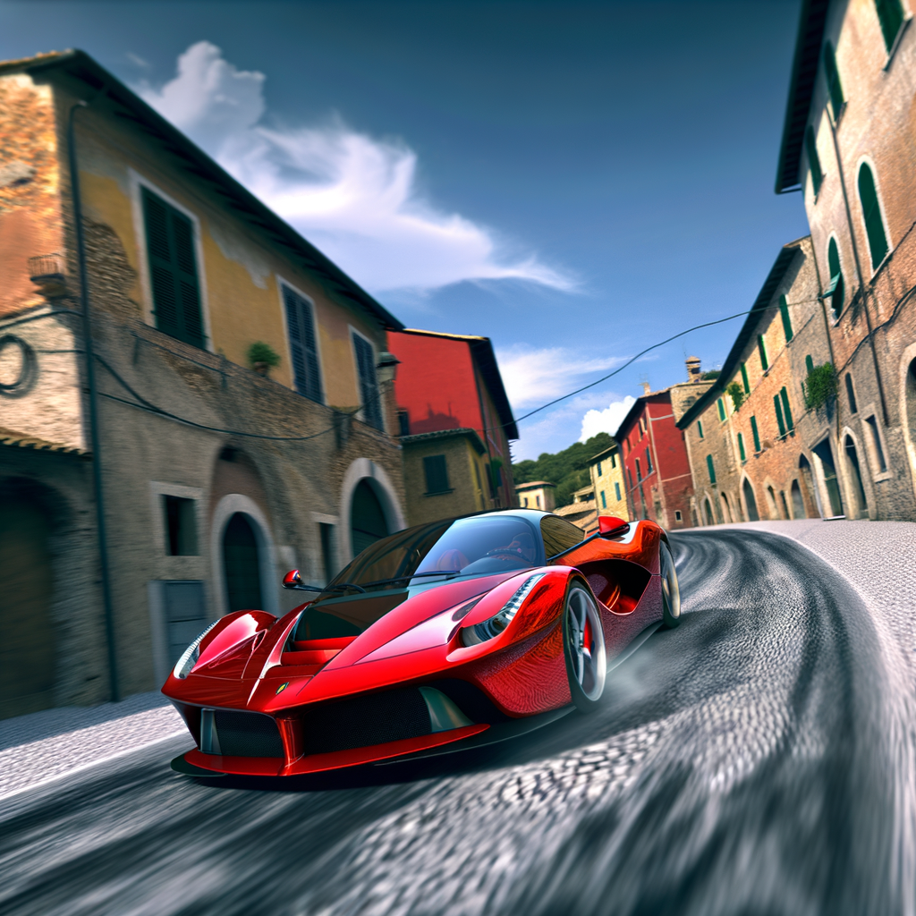 Ferrari supercar speeds through Maranello streets.