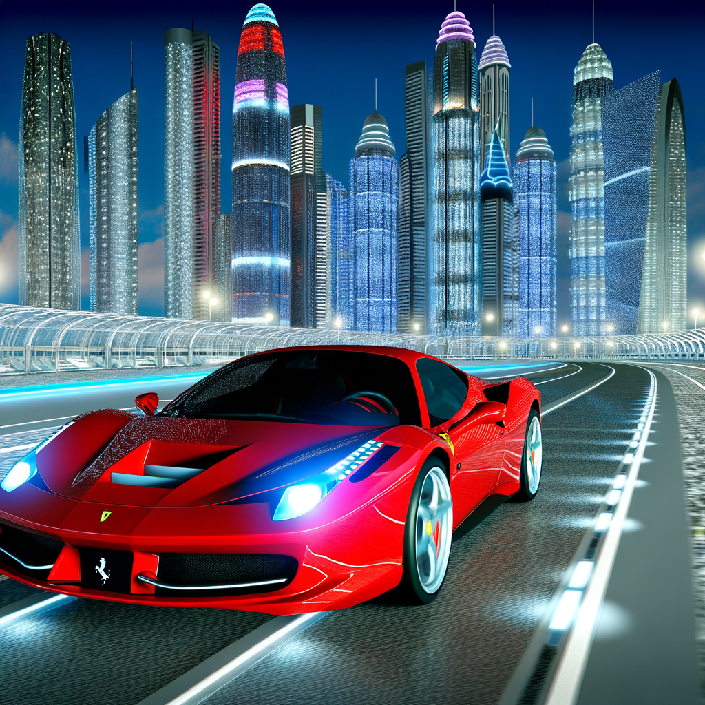 Ferrari supercar zooming through futuristic cityscape.