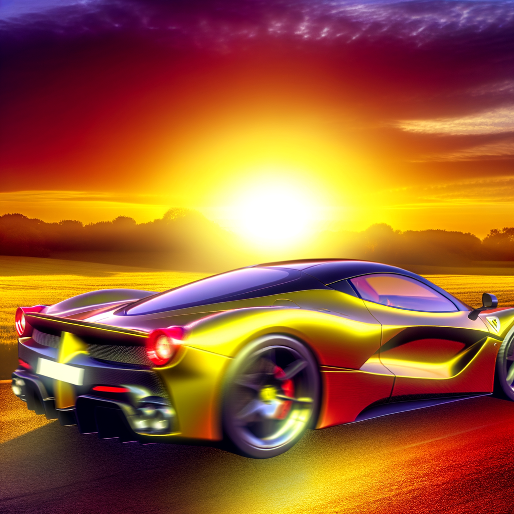 Ferrari's sleek supercar gliding through sunset.