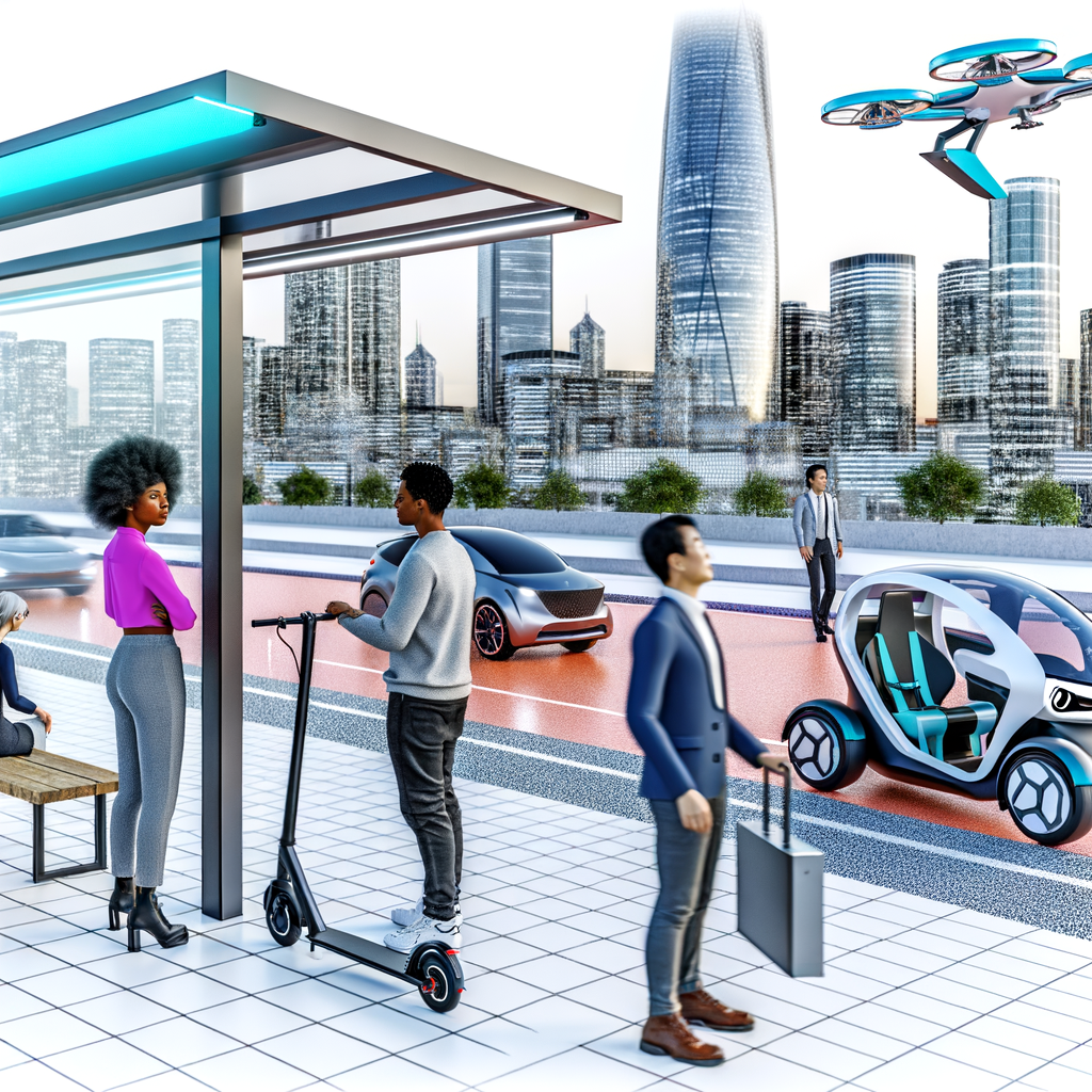 Future cityscape with diverse mobility solutions.