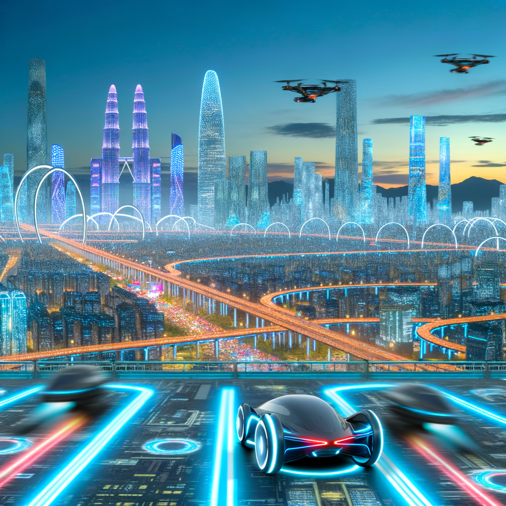 Futuristic cars amidst tech-driven innovation landscape.