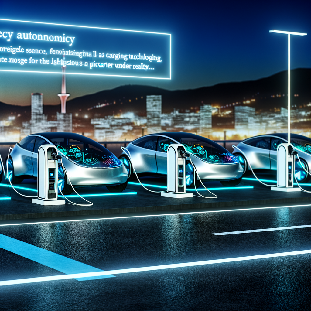 Futuristic cars charging, autonomous tech displayed.