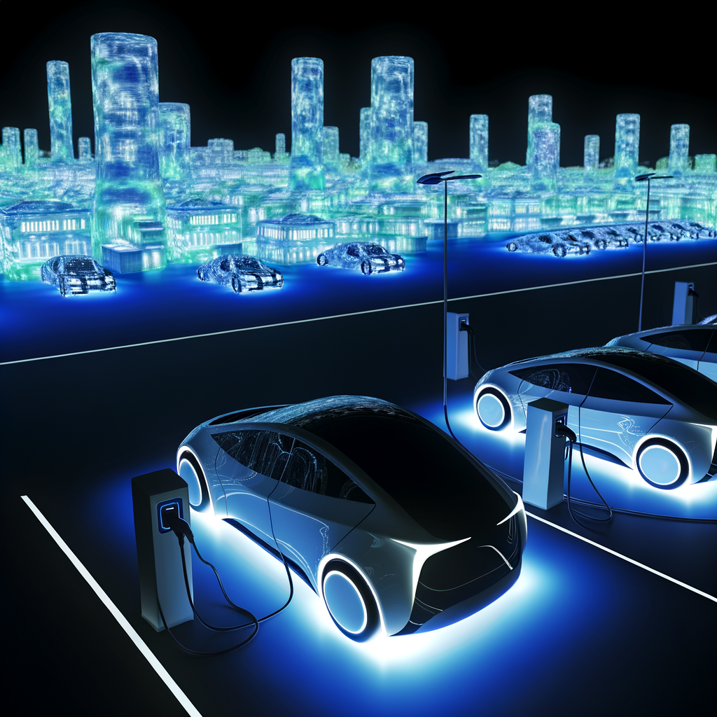 Futuristic cars charging under glowing cityscape.