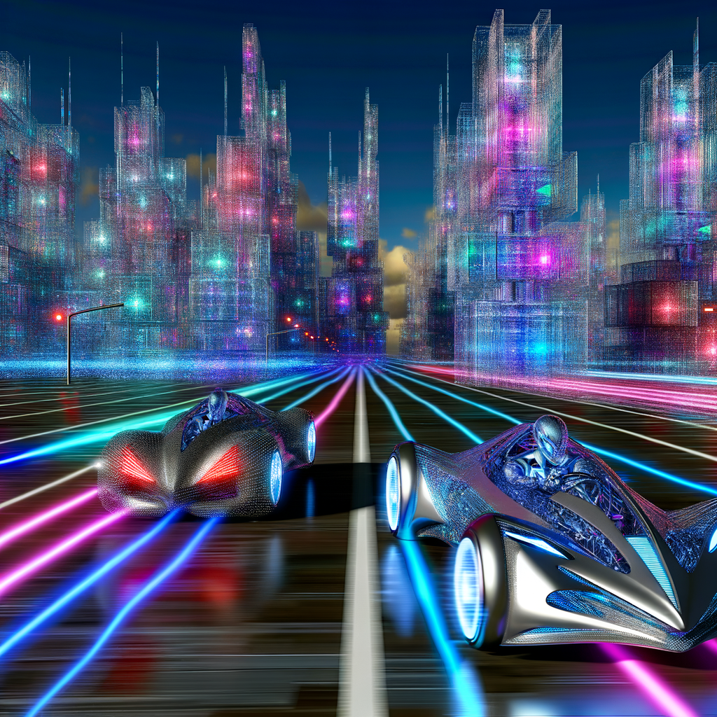 Futuristic cars evolving in digital landscape.