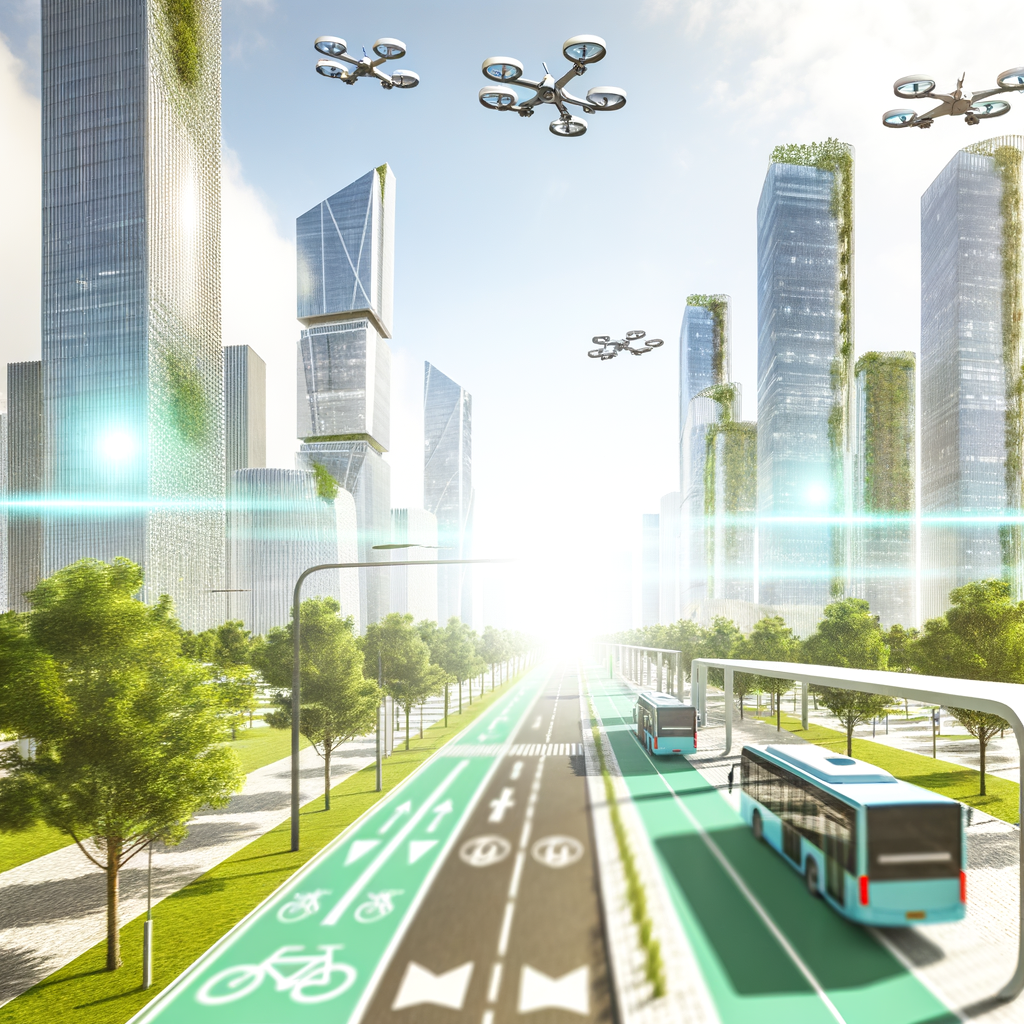 Futuristic cityscape, green transport modes integrated.