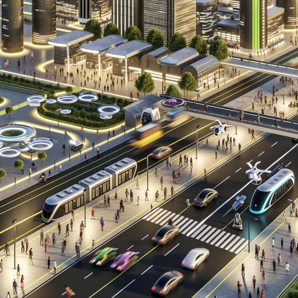 Futuristic cityscape with diverse mobility solutions.