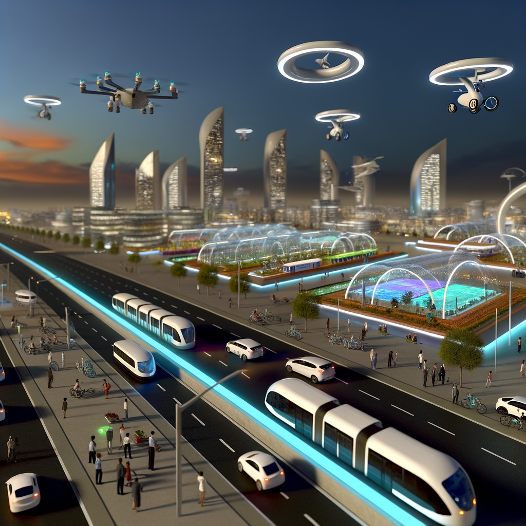 Futuristic cityscape with diverse mobility solutions.