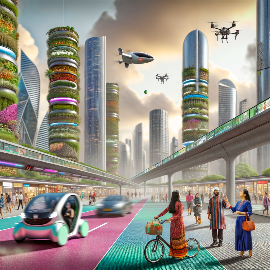 Futuristic cityscape with diverse mobility solutions.