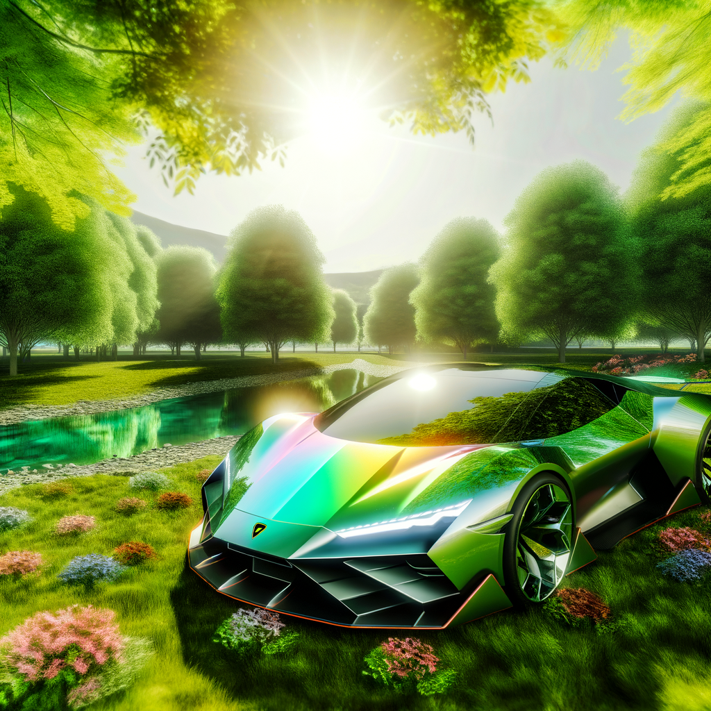 Futuristic Lamborghini hybrid supercar amidst nature.