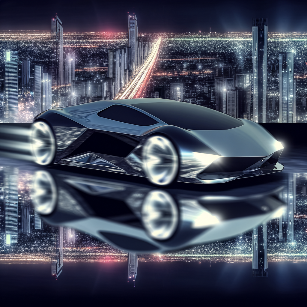 Futuristic Lamborghini supercar gliding through cityscape.