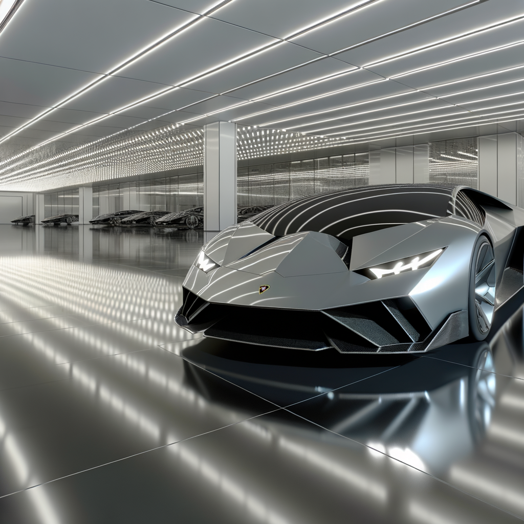 Futuristic Lamborghini supercar in sleek showroom.