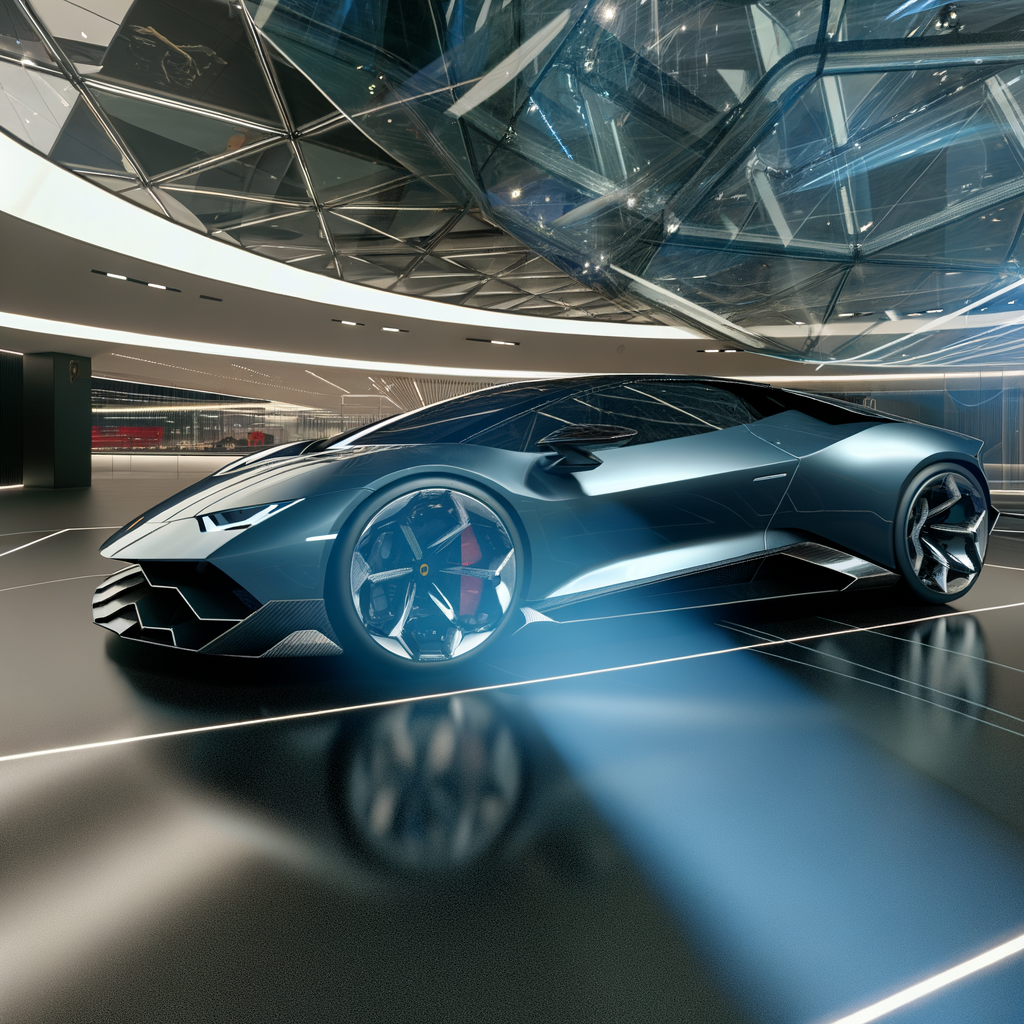 Futuristic Lamborghini supercar in sleek showroom.