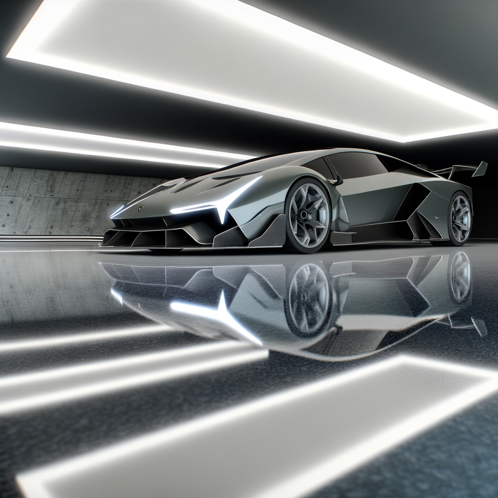 Futuristic Lamborghini supercar in sleek showroom.