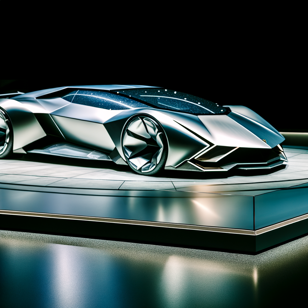 Futuristic Lamborghini supercar on sleek display.