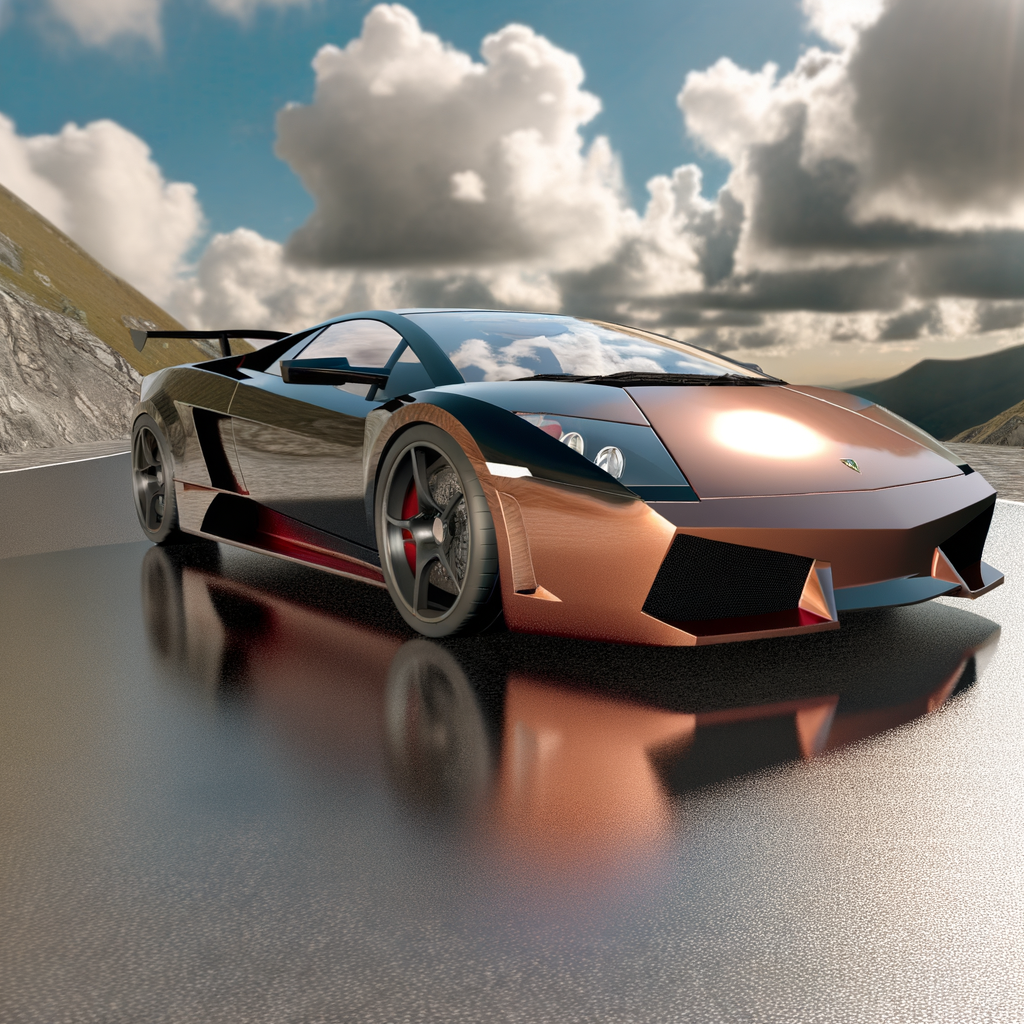 Lamborghini supercar glistening on mountain road.