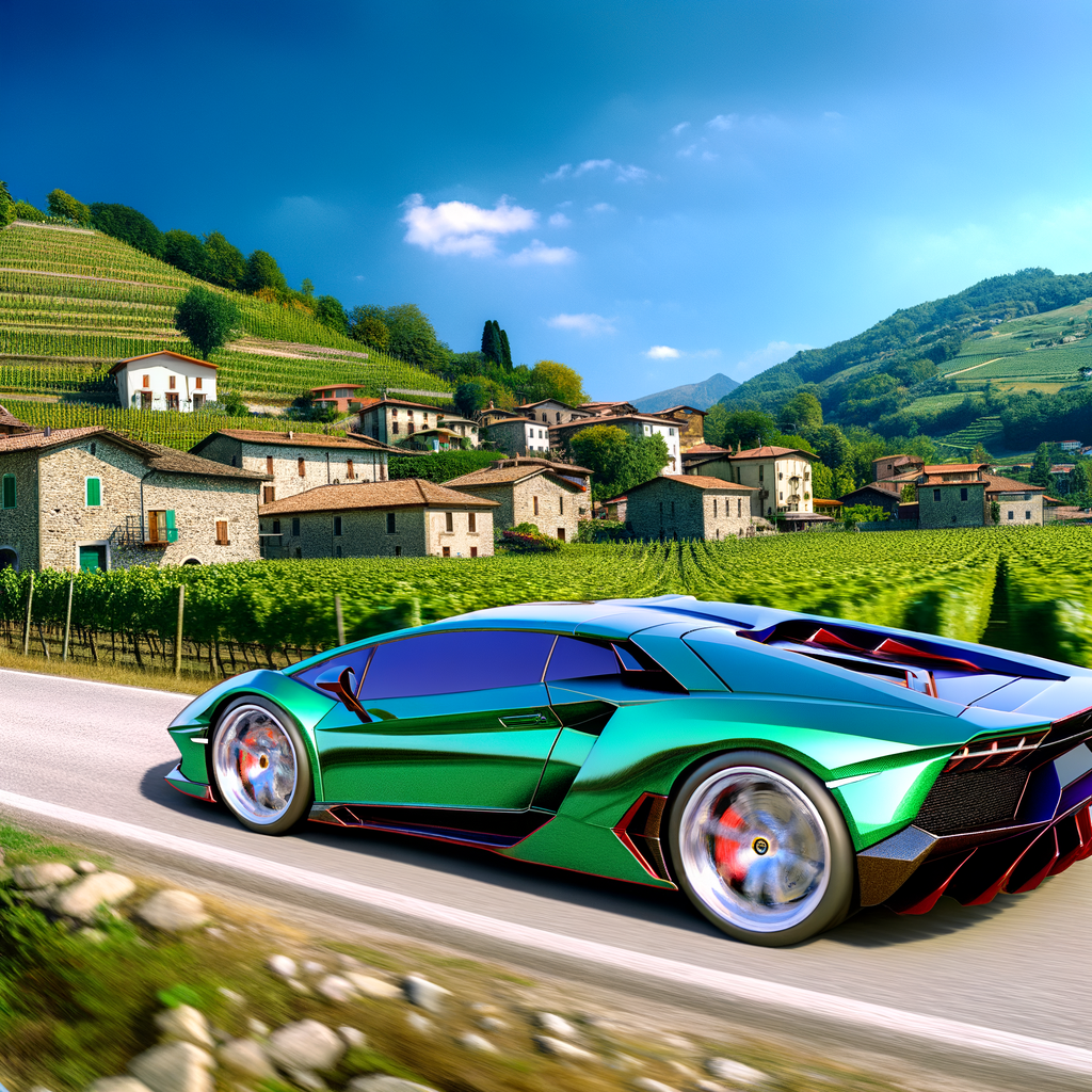 Lamborghini supercar speeding through Italian countryside.