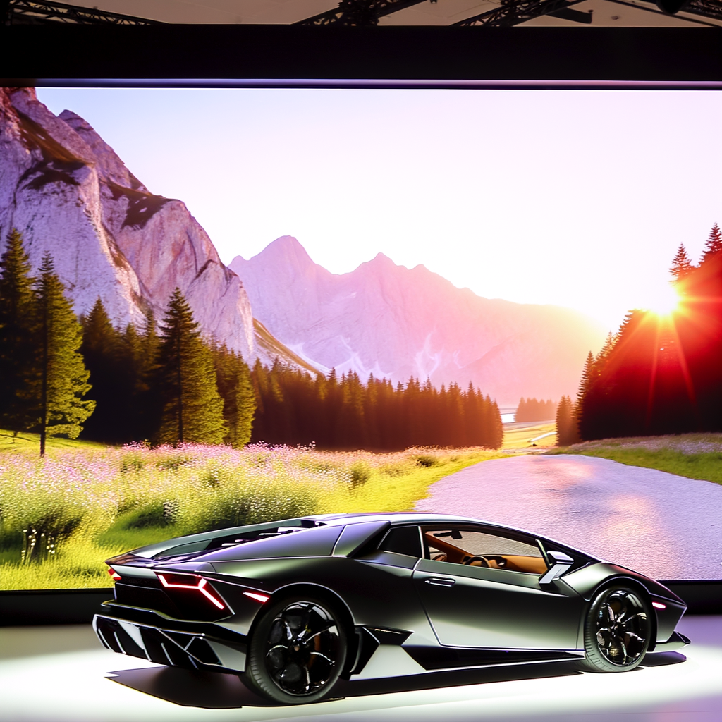 Lamborghini's sleek supercar amidst scenic landscape.