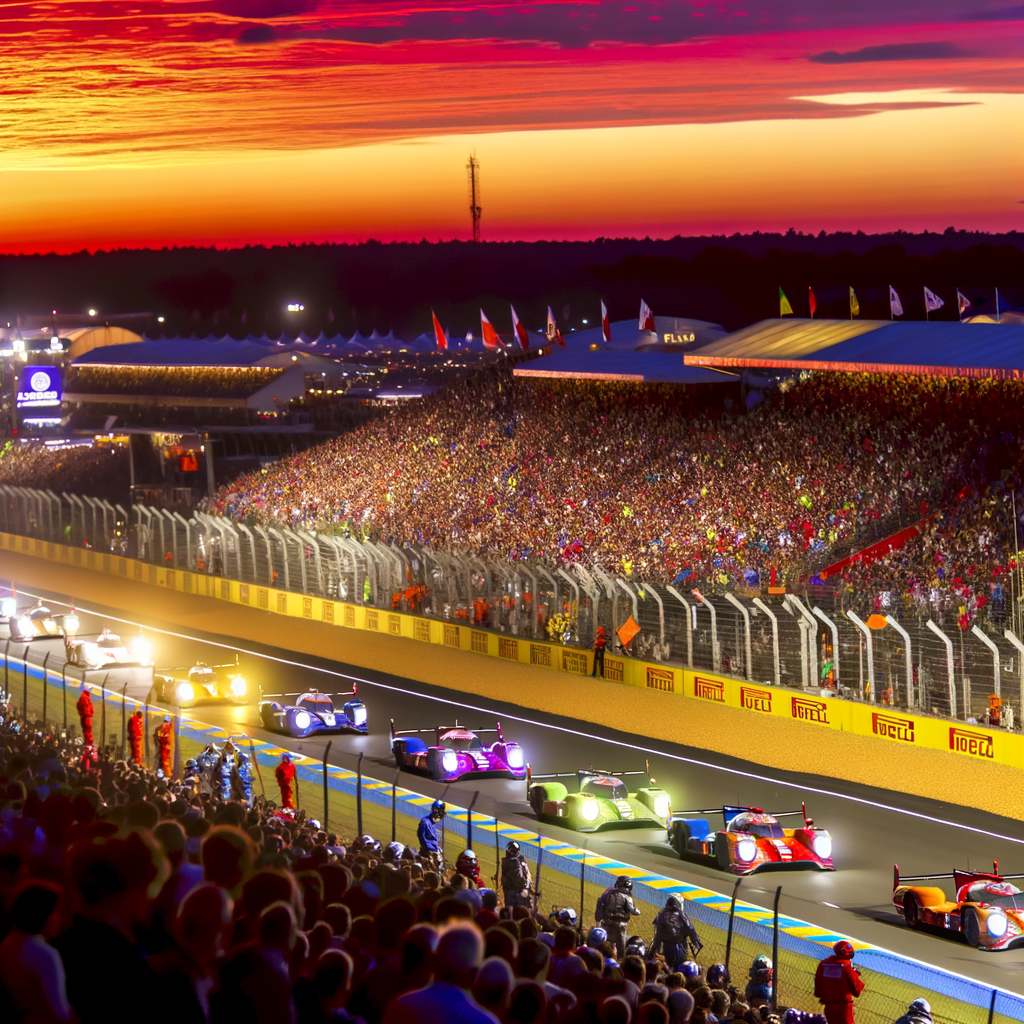 Le Mans race cars under sunset glow.