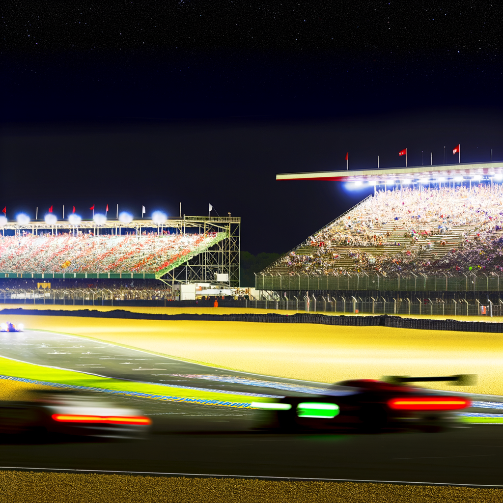 Nighttime Le Mans race, cars blur past.