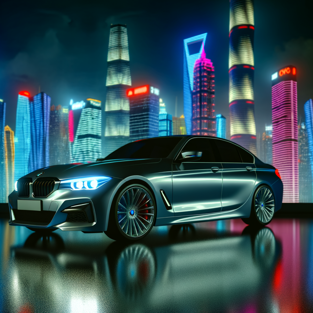 Sleek BMW car with futuristic cityscape.