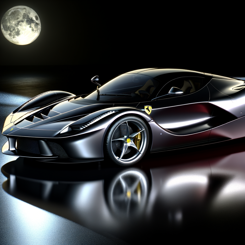 Sleek Ferrari supercar glistening under moonlight.