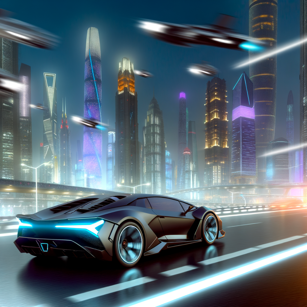 Sleek Lamborghini driving through futuristic cityscape.