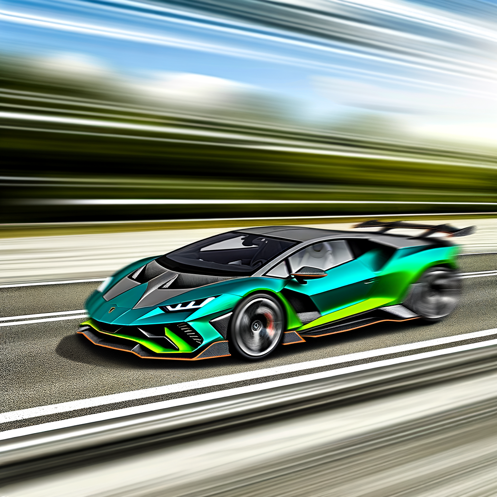 Sleek Lamborghini hybrid supercar in motion.