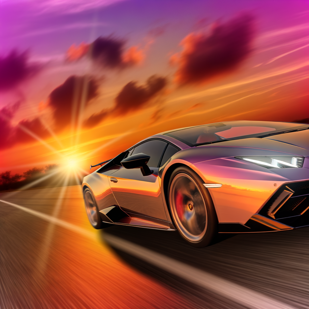 Sleek Lamborghini in motion, sunset backdrop.