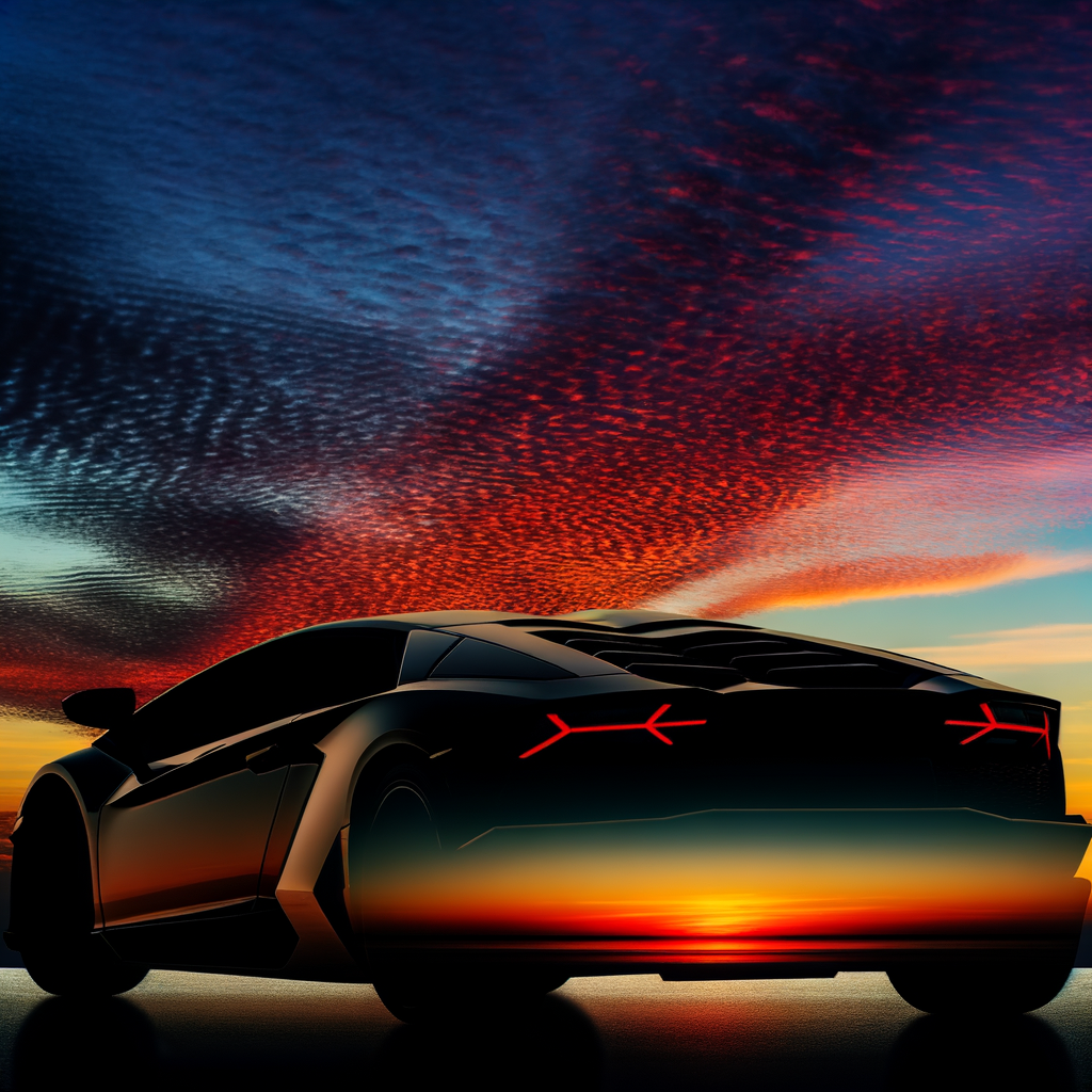 Sleek Lamborghini supercar against sunset backdrop.