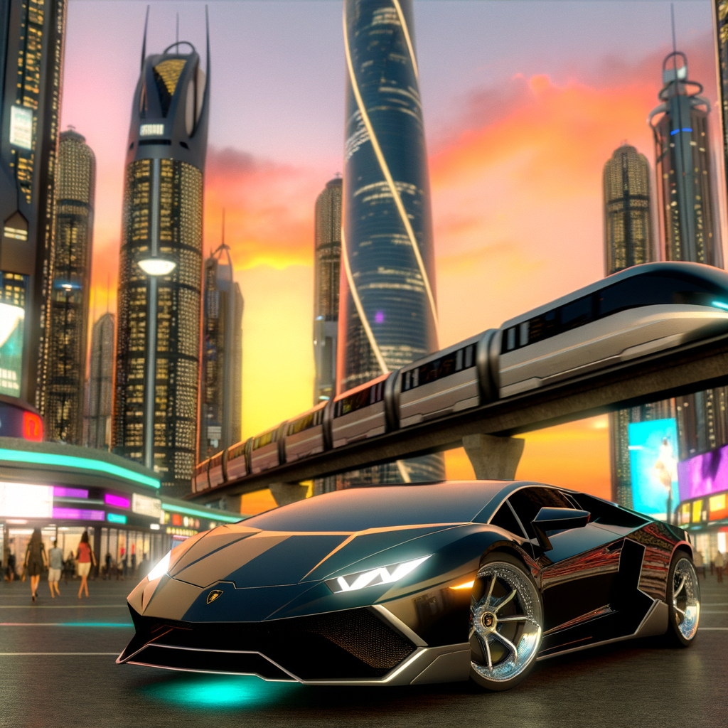 Sleek Lamborghini supercar amidst futuristic cityscape.