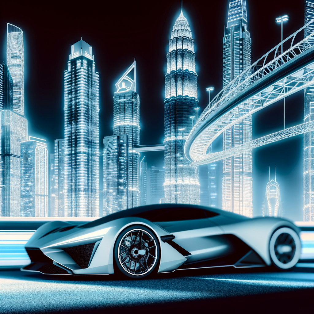 Sleek Lamborghini supercar in futuristic cityscape.