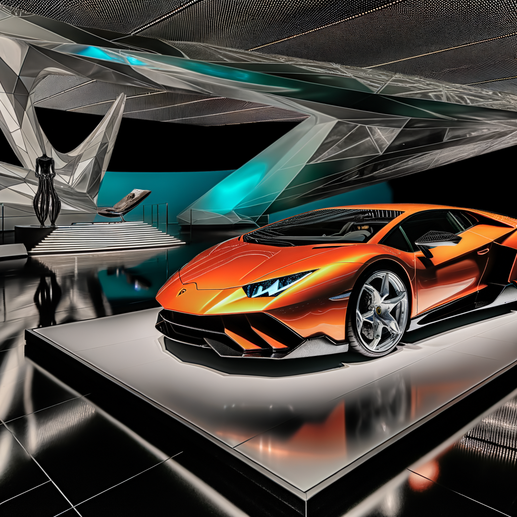 Sleek Lamborghini supercar in futuristic showroom.