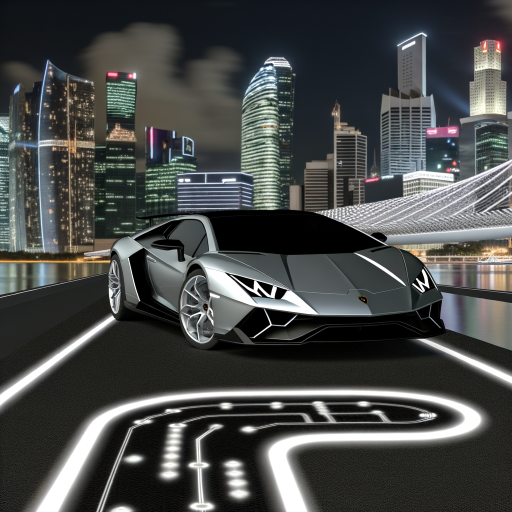 Sleek Lamborghini supercar on futuristic road.