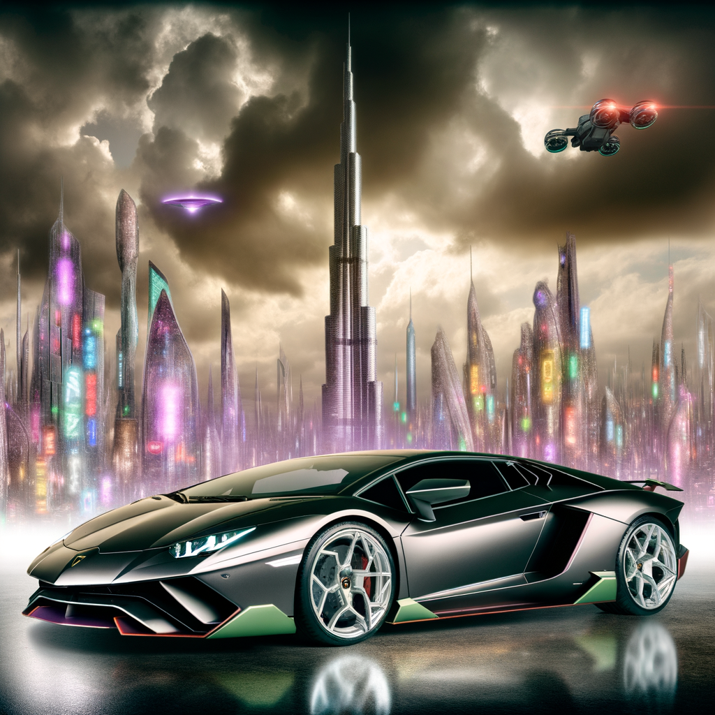 Sleek Lamborghini supercar on futuristic backdrop.