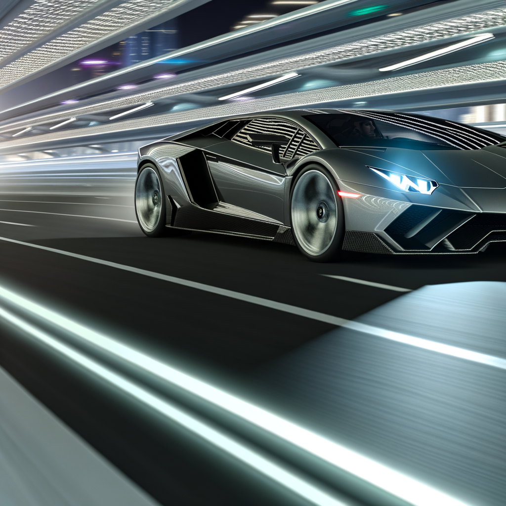 Sleek Lamborghini supercar on futuristic highway.