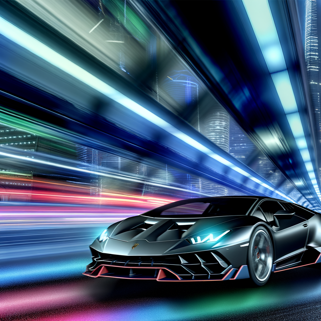 Sleek Lamborghini supercar on futuristic highway.