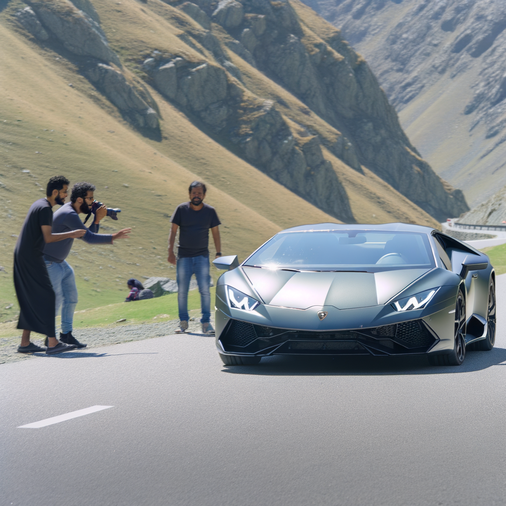 Sleek Lamborghini supercar on mountain road.