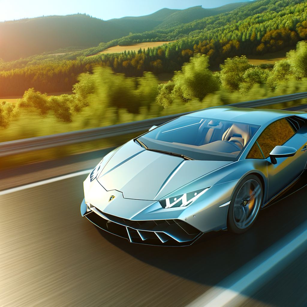 Sleek Lamborghini supercar on scenic highway.