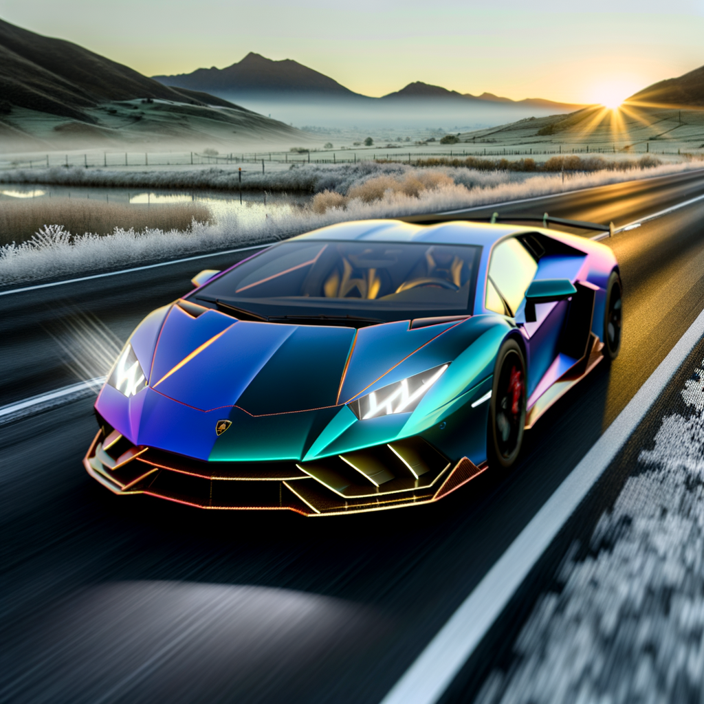 Sleek Lamborghini supercar on scenic highway.