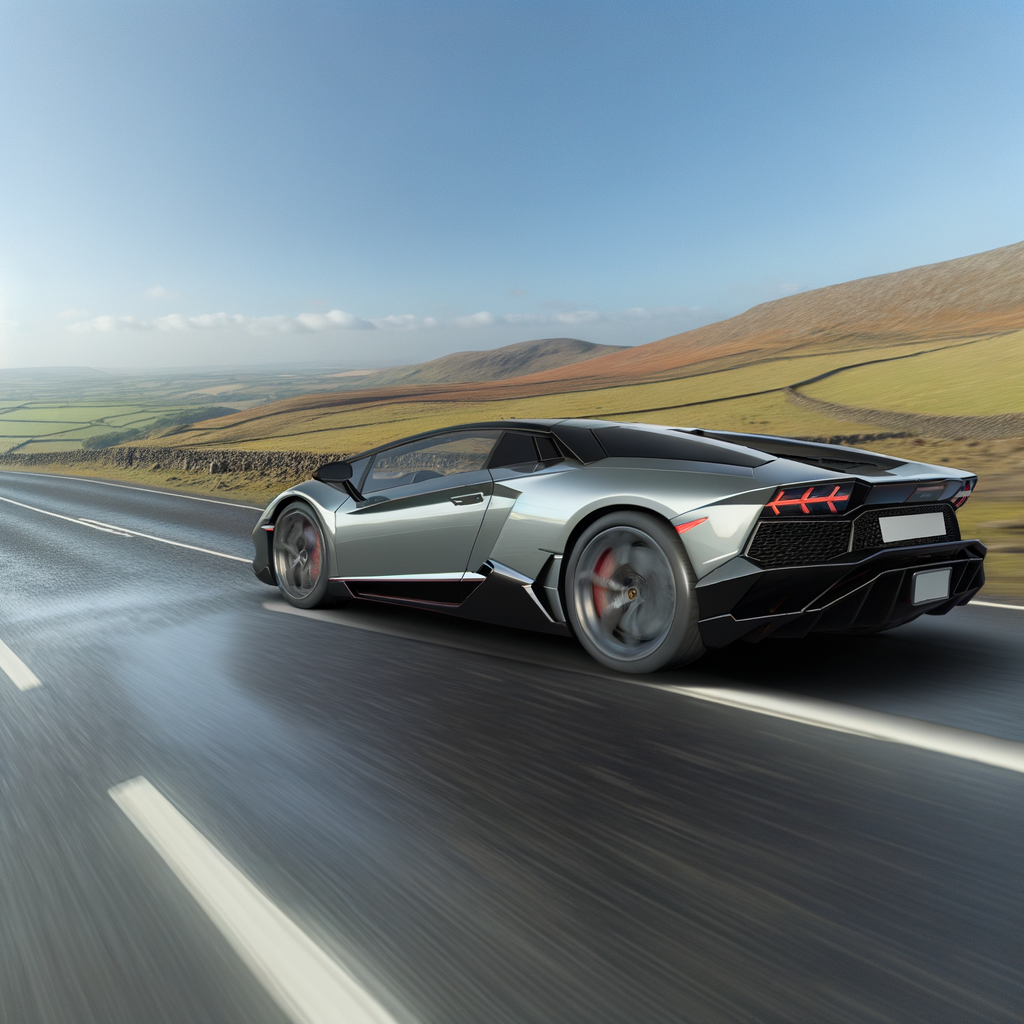 Sleek Lamborghini supercar on scenic highway.