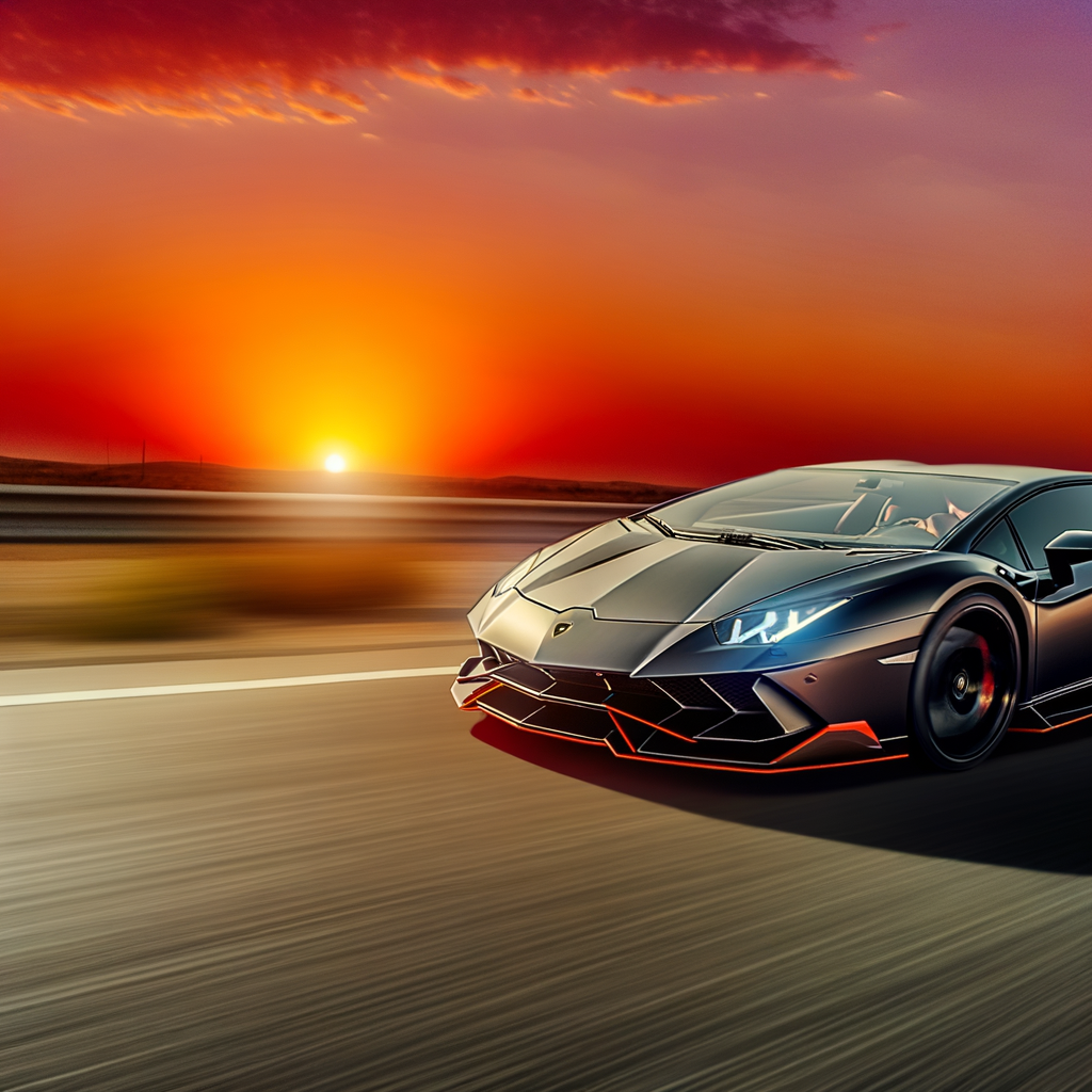 Sleek Lamborghini supercar on sunset highway.