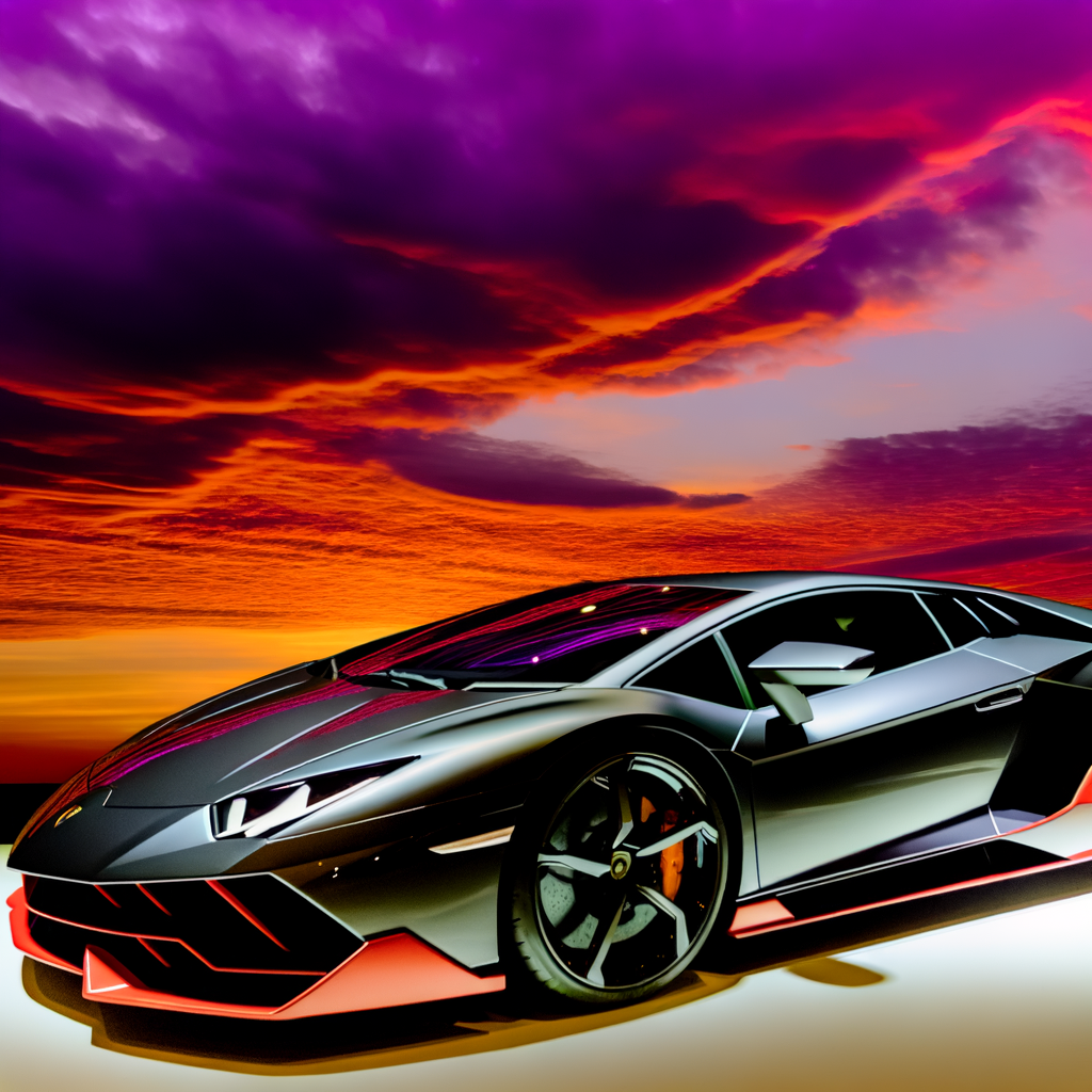 Sleek Lamborghini supercar under dramatic sunset.