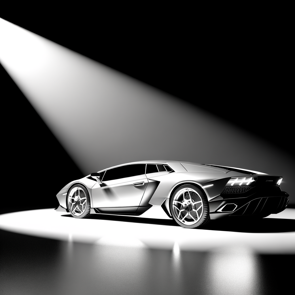 Sleek Lamborghini supercar under dramatic spotlight.