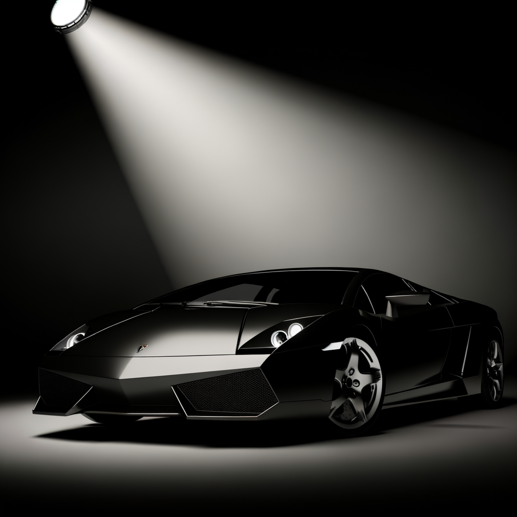 Sleek Lamborghini supercar under dramatic spotlight.