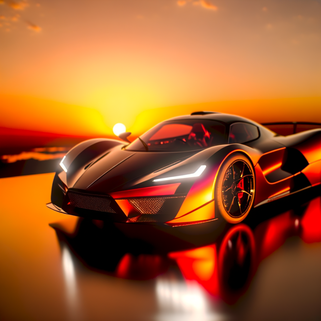 A sleek Lamborghini supercar amidst sunset.