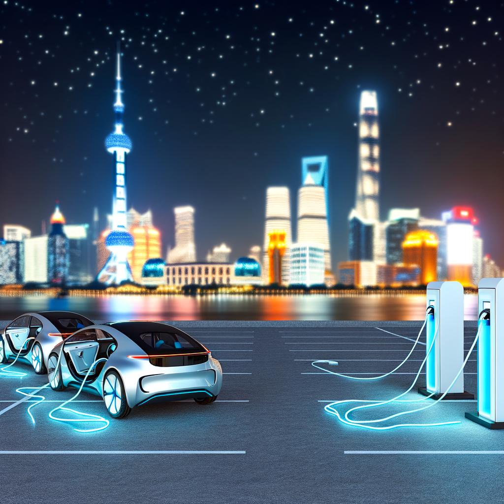 Electric cars charging, future city skyline.