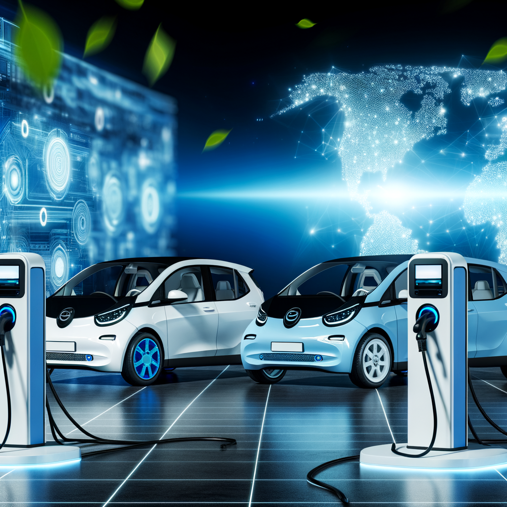 Electric cars charging, tech innovation backdrop.