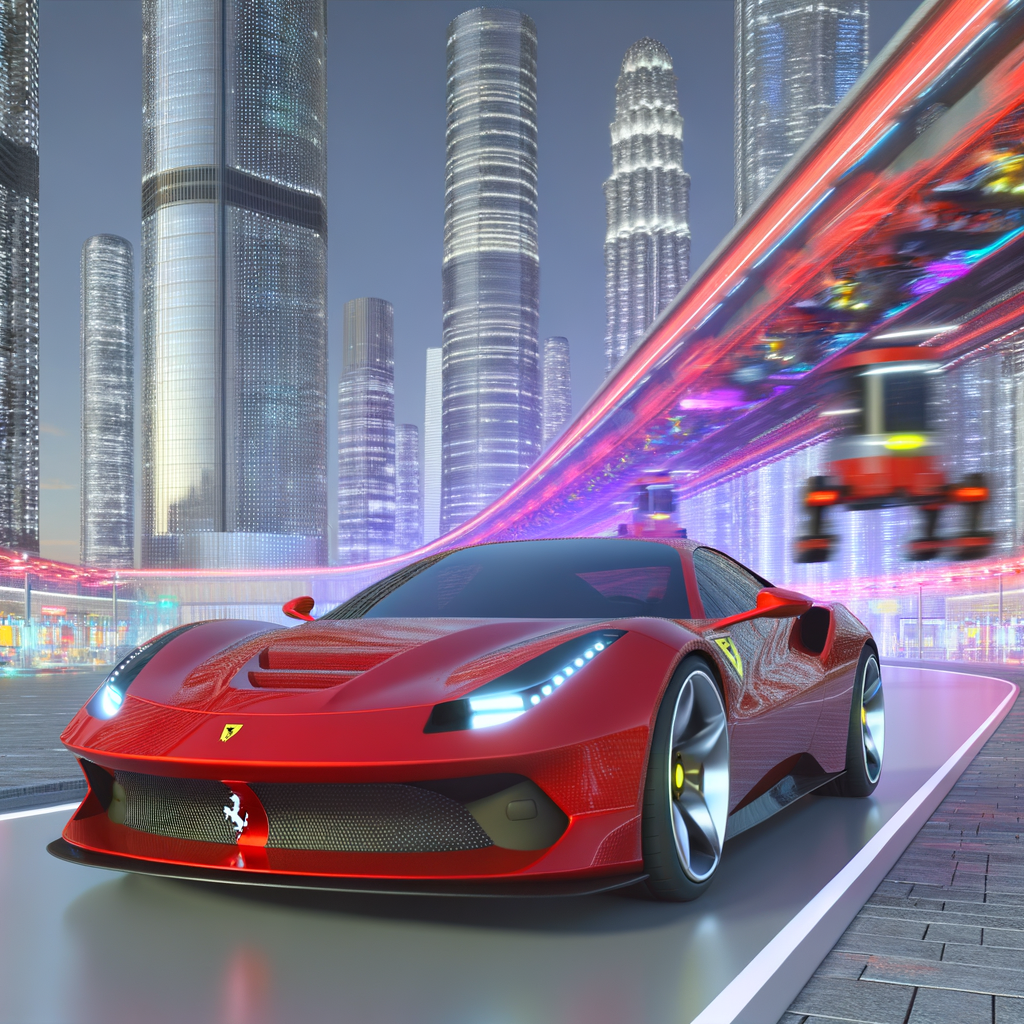 Ferrari SF90 Stradale gliding through futuristic cityscape.