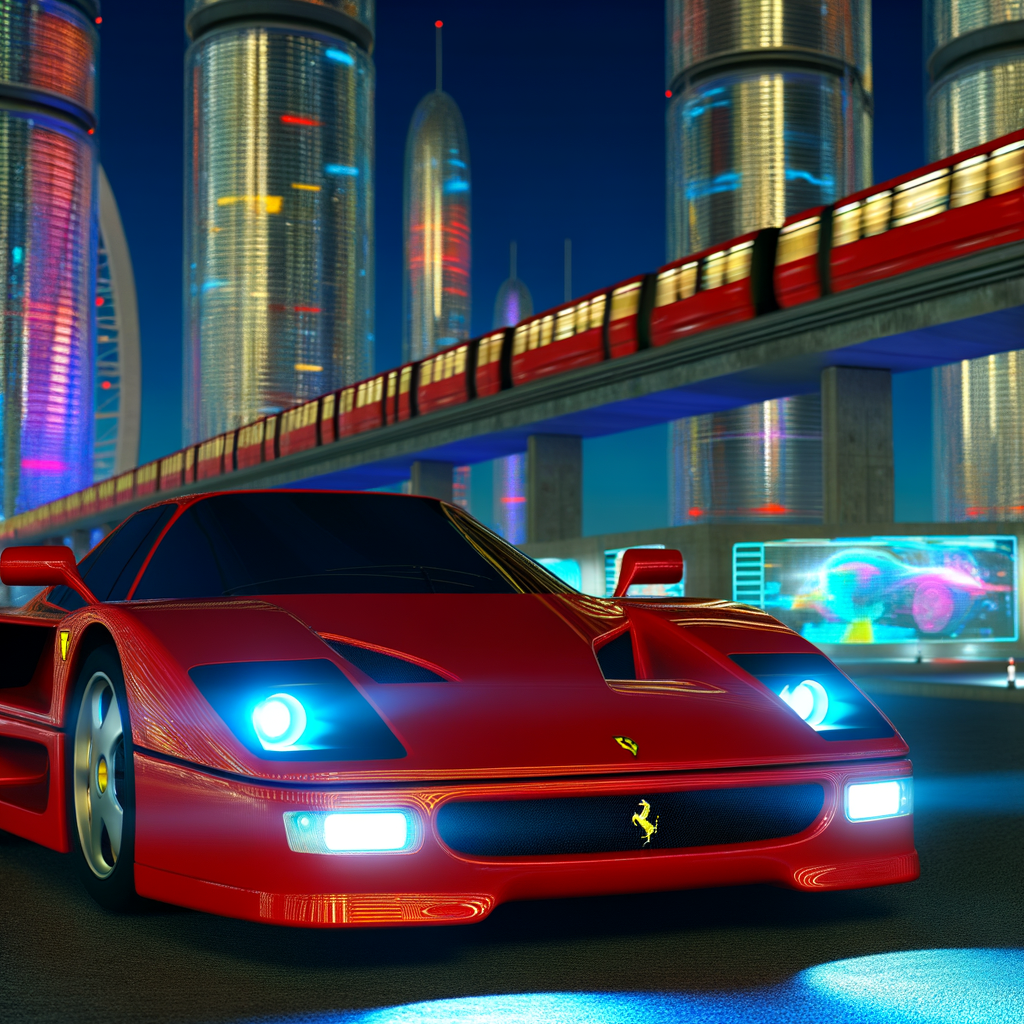 Ferrari supercar gleaming in futuristic cityscape.