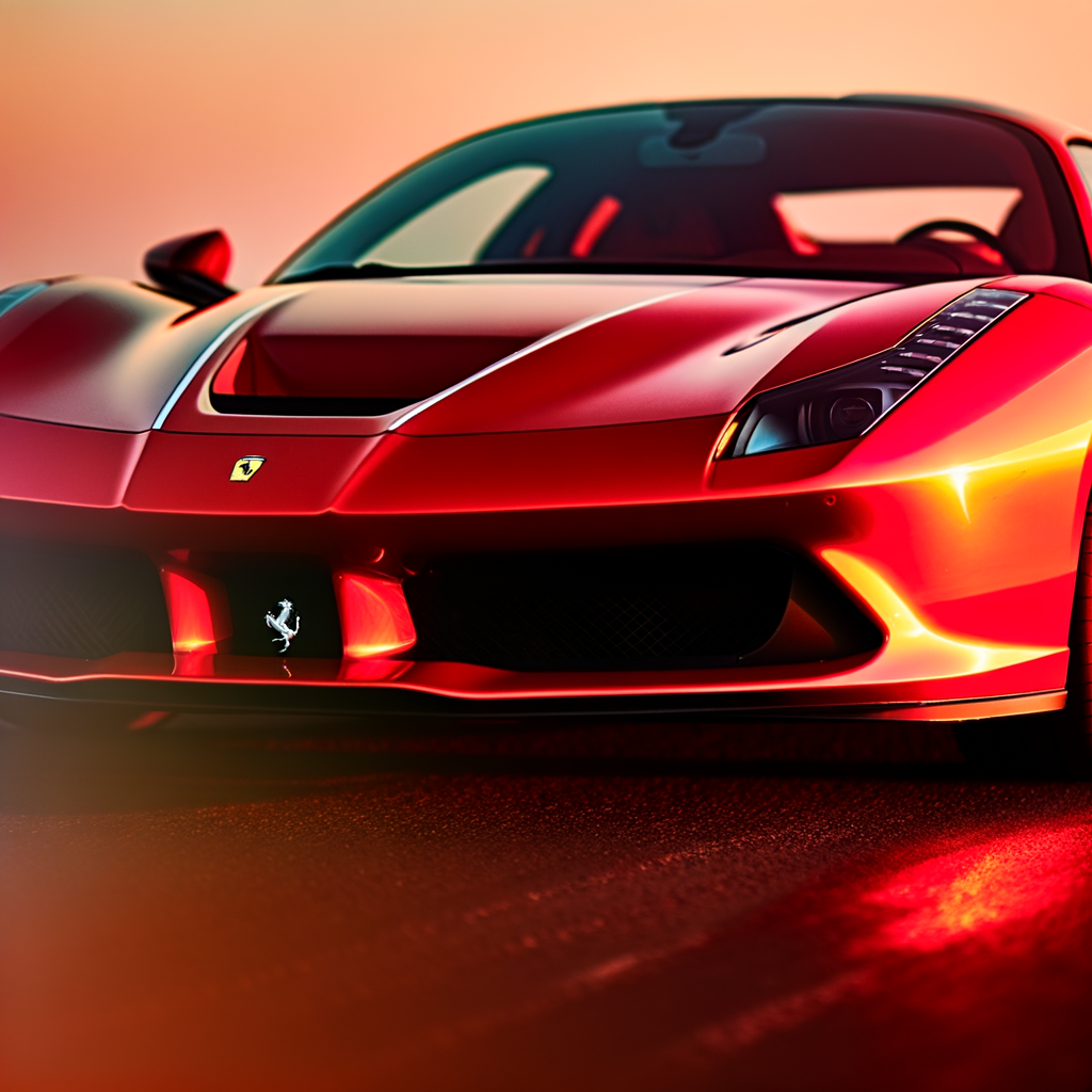 Ferrari supercar gleaming in sunset glow.